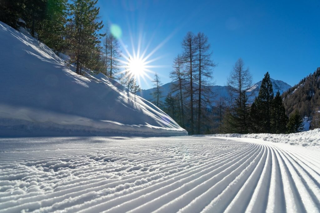 a snow covered slope at val thornes ski resort